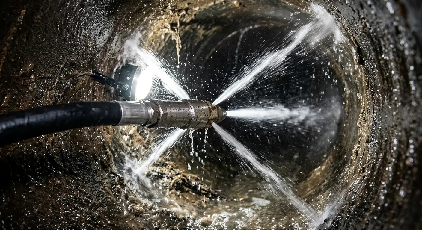High-pressure hydro jetting nozzle cleaning sewer pipe for Trenchless Sewer Repair in Bradley