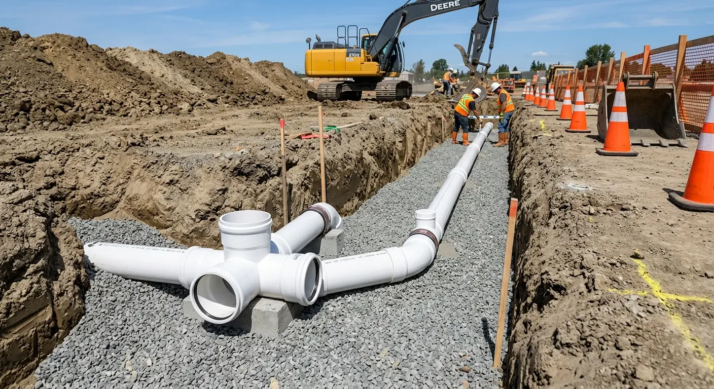 New PVC sewer pipe installation in open trench for Grease Trap Cleaning in Bradley