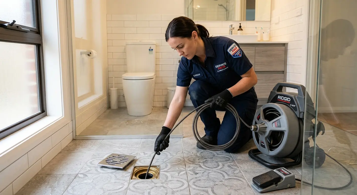 Technician clearing a bathroom floor drain for Sewer Line Installation in Bradley